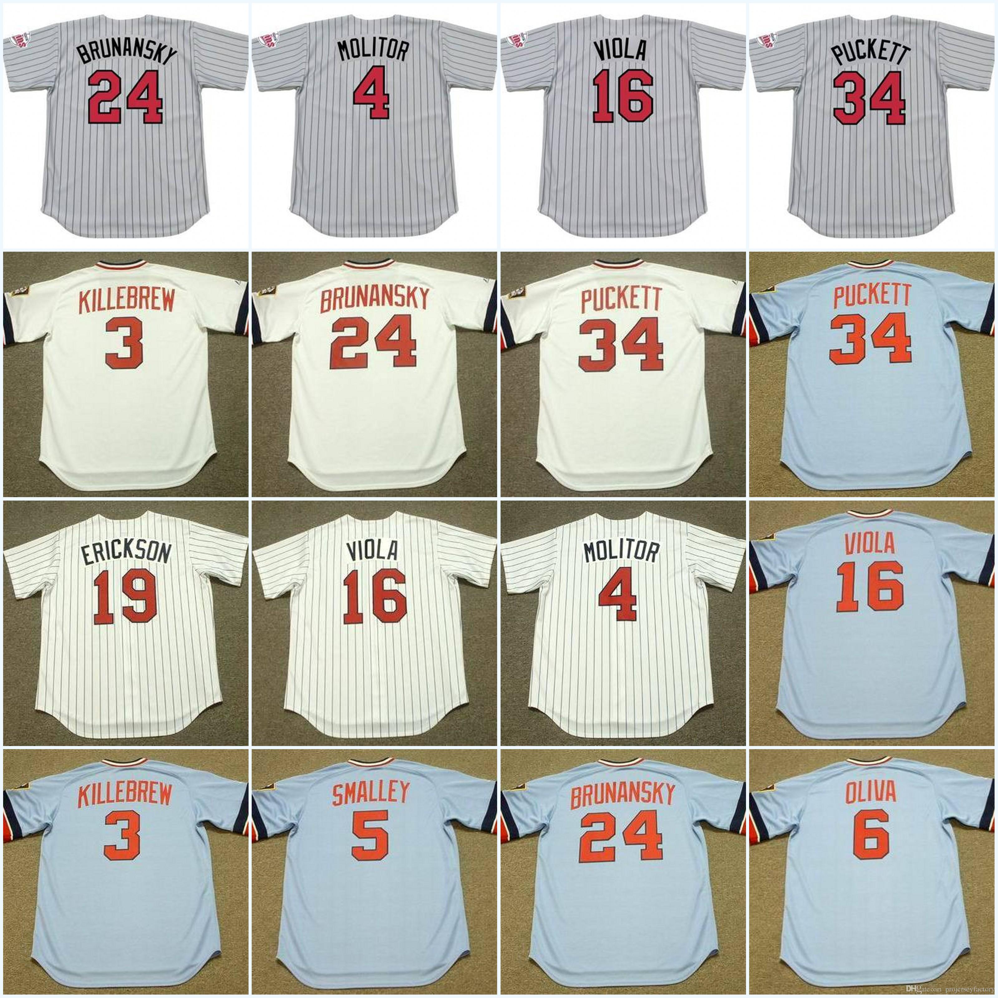 

Minnesota 34 KIRBY PUCKETT 1984 3 HARMON KILLEBREW 5 ROY SMALLEY 6 TONY OLIVA 16 FRANK VIOLA 24 TOM BRUNANSKY Vintage Baseball Jersey, 24 tom brunansky 1984 blue