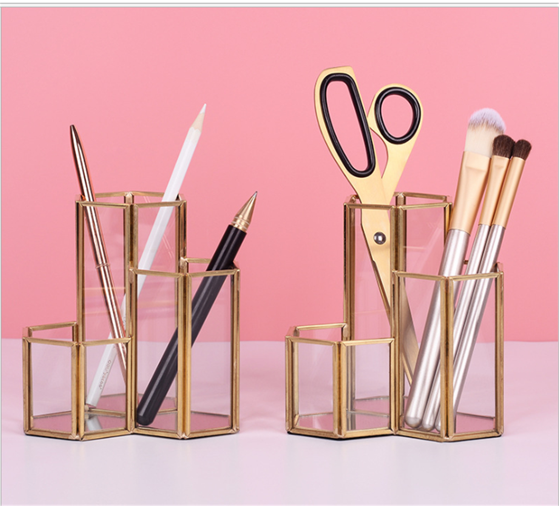 

Hexagon Combination Glass Pen Pencil Holder,Makeup Brush Holder Desk Organizer Storage,Nordic Multi-function Desktop Creative metal storage