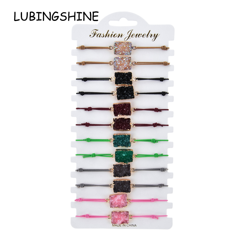 

Boho 12pcs/Sets Elastic Natural Stone Druzy Square Charms Bracelet Women Child Adjustable Rope Chain Crystal Wristband Jewelry