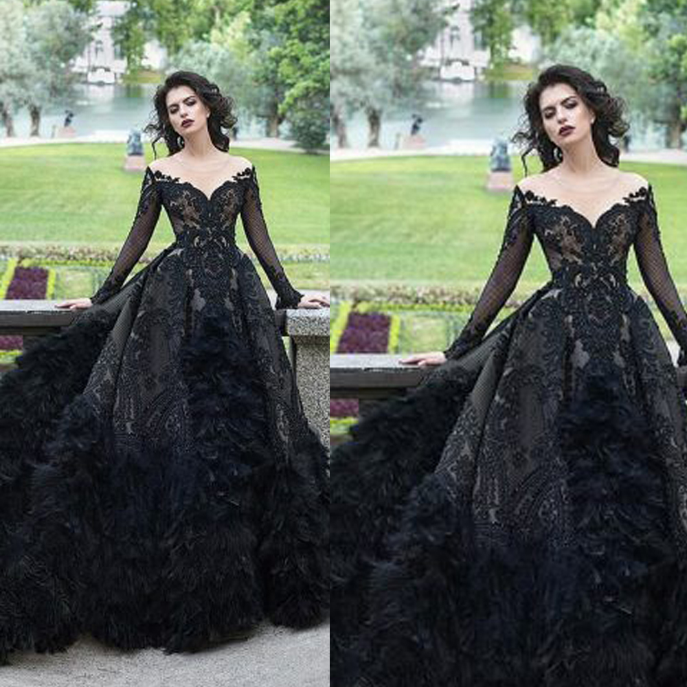 

Black Prom Dresses Sheer Crew Neckline Lace Appliques Long Sleeve Lace Black Feather Ball Gown Evening Dresses Arabic Formal Dresses, Chocolate