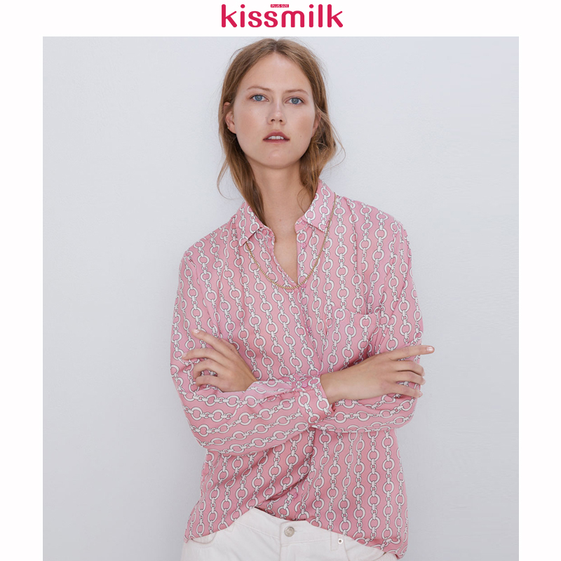 

KISSMILK 2020 New Fashion Spring Summer Solid Color Geometric Print Plus Size Loose Long Sleeve Women, Pink