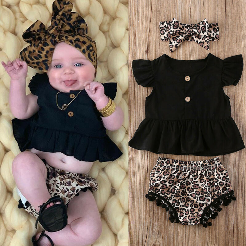 

3pcs Infant Kids Baby Girls Clothes Set Ruffles Sleeve Tops Floral Leopard Tassel Tops+Shorts+Headband Toddler Outfits Suit
