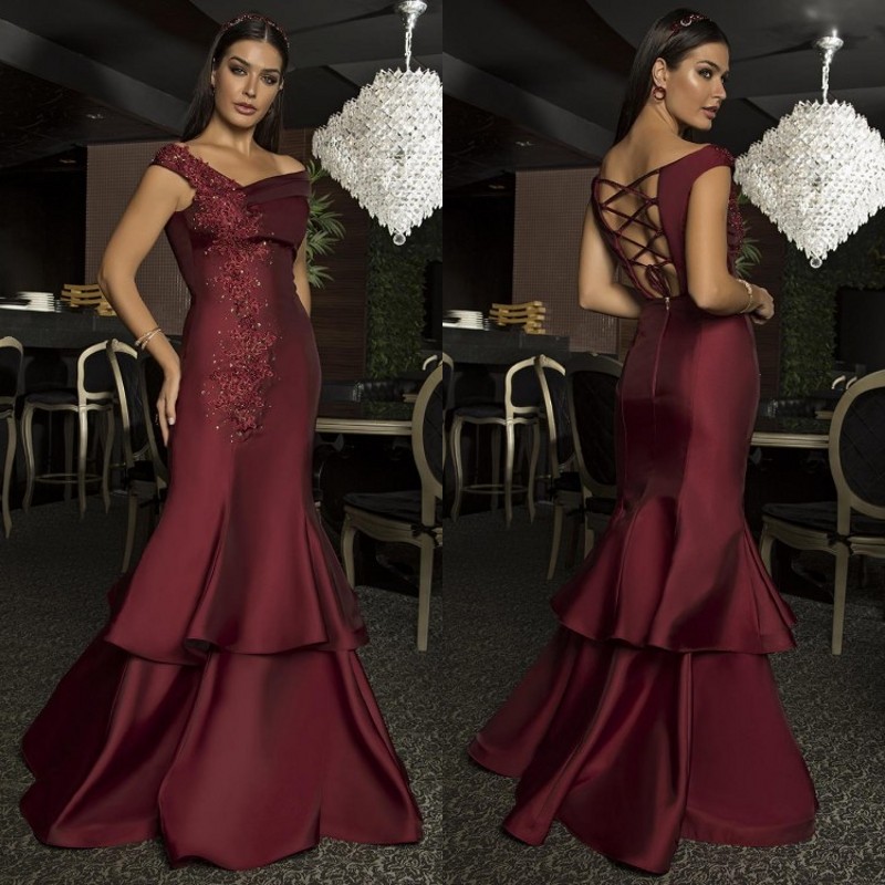 

Spring 2020 High Fashion Maroon Evening Dress Asymmetrical Neckline Mermaid Sweep Train Beaded Lace Appliqued Prom Dress Women Formal Gowns, Water melon