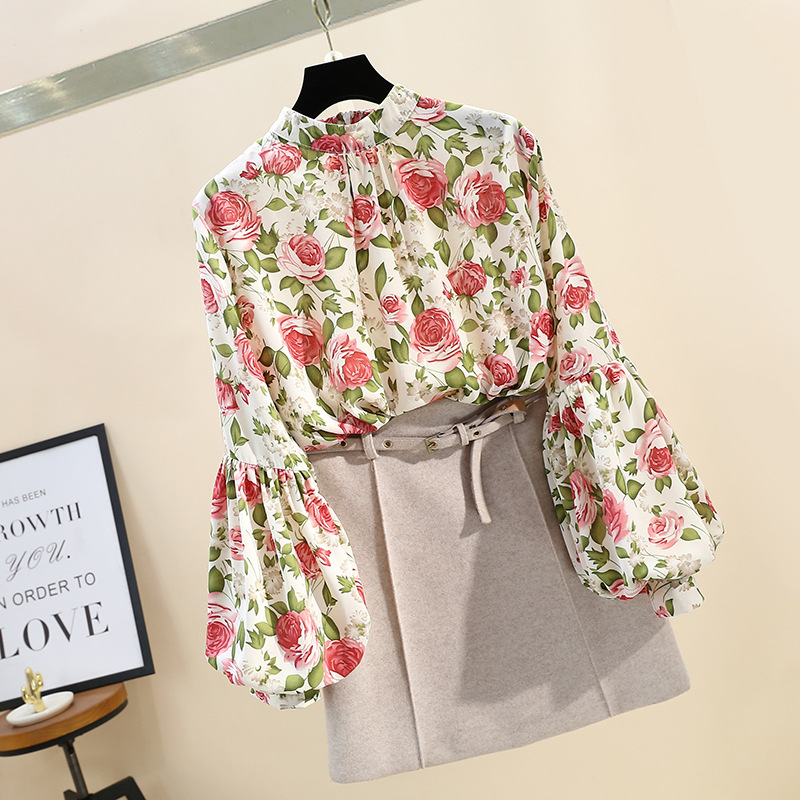 

Spring Autumn Women's Lantern Sleeve Chiffon Shirt Mandarin Collar Rose Shirt Office Lady Long Sleeve Chiffon Blouse GD292, White
