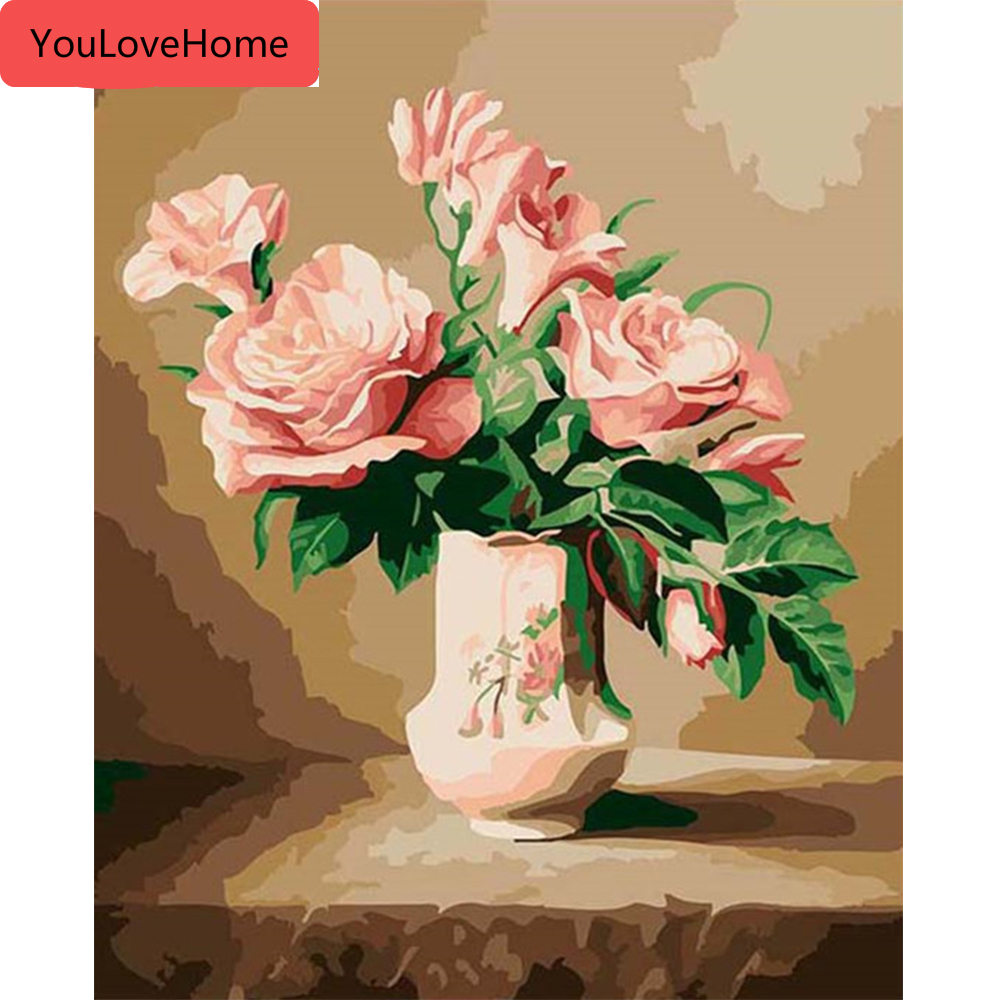 Fiore in Vaso Fai da Te Digitale Vernice Disegno Kit Pittura A Olio di Numero    su Tela Home Decor Poster da Parete Regalo Cornice Sakura 40x50cm 