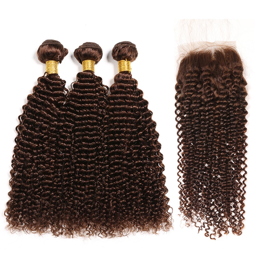 

Premium Medium Brown #4 Kinky Curly Remy Human Hair Weaves 3 Weaving Bundles With 4X4 Lace Closure