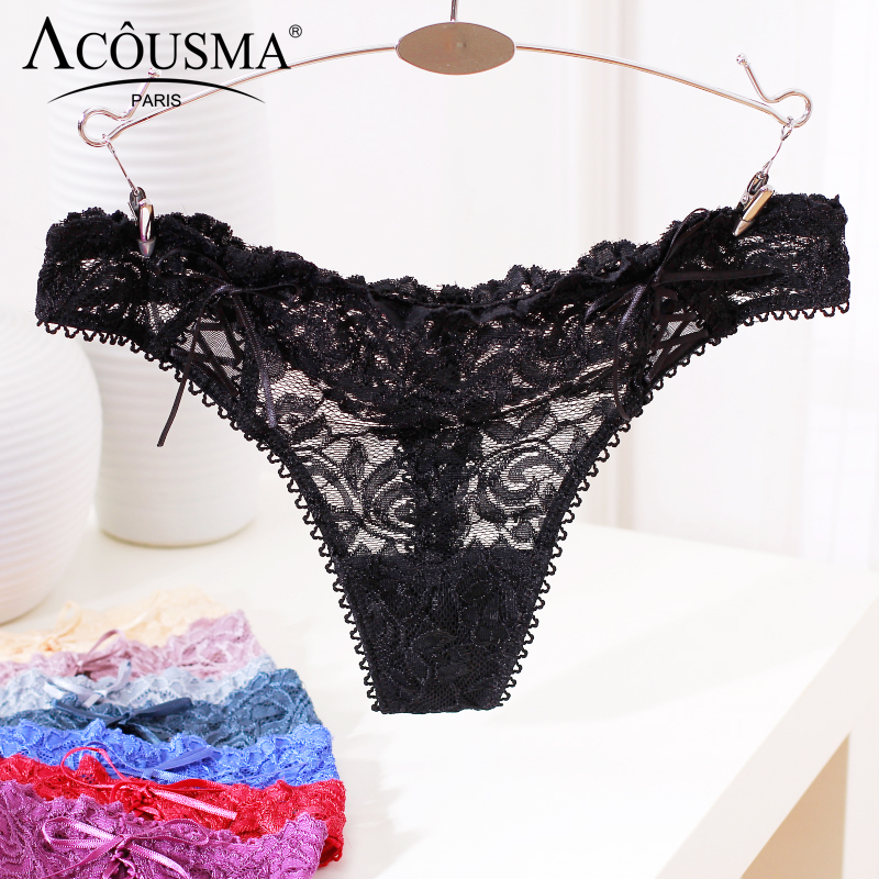 

ACOUSMA Sexy G-String Soft Floral Lace Hollow Out Women Underwear Panties Lace Up Female T Back Thongs Seamless 8Colors Optional, Black