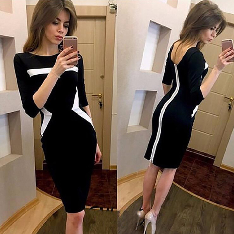 

Casual Half Sleeve Knee-Length Women' Dress Sexy Bodycon Dress Slim Striped Patchwork Ladies Dresses With Back Zippers, Red