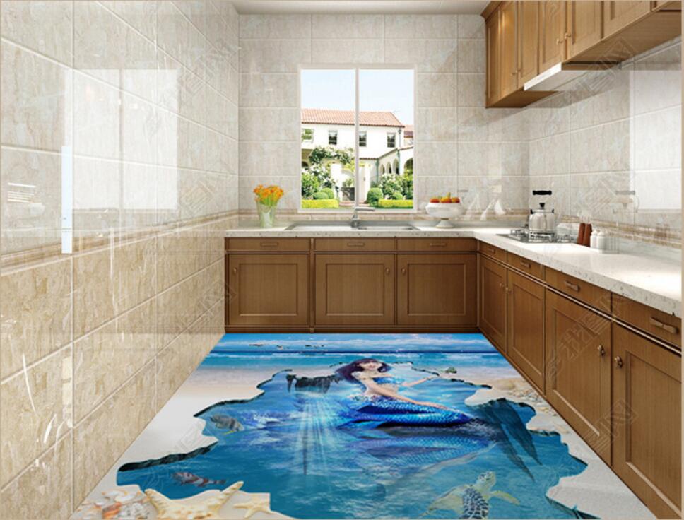 

3d pvc flooring custom photo Waterproof floor room Underwater World Dream Mermaid 3D Floor wallpaper 3d wall murals wallpaper for walls 3 d, Sky blue