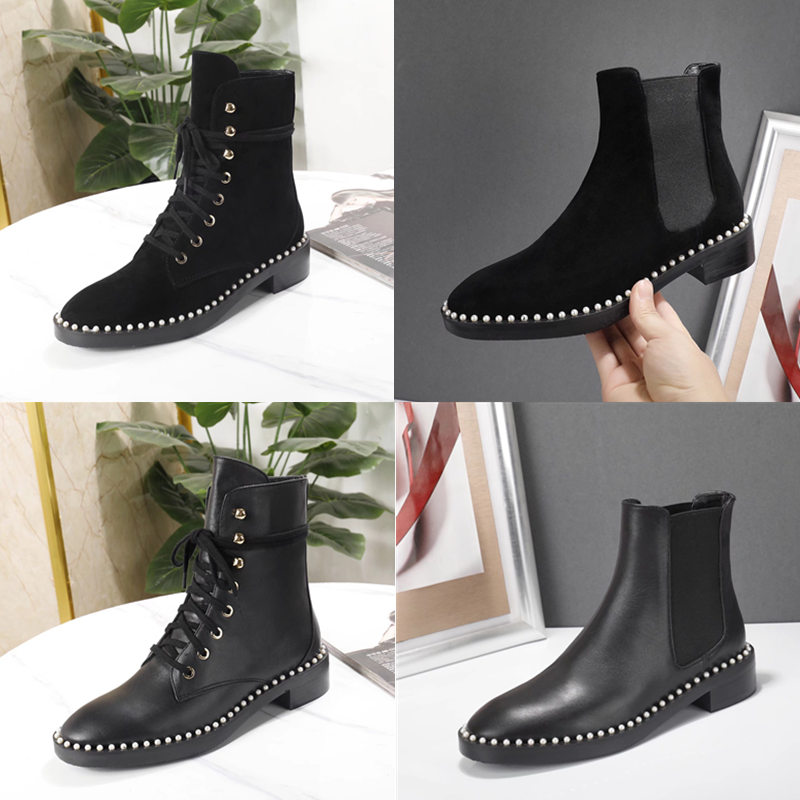 

Designer luxury pearl shoes Autumn Winter chelse boots platform ankle boot with leather boots mid-heel women vintage big size With shoe box