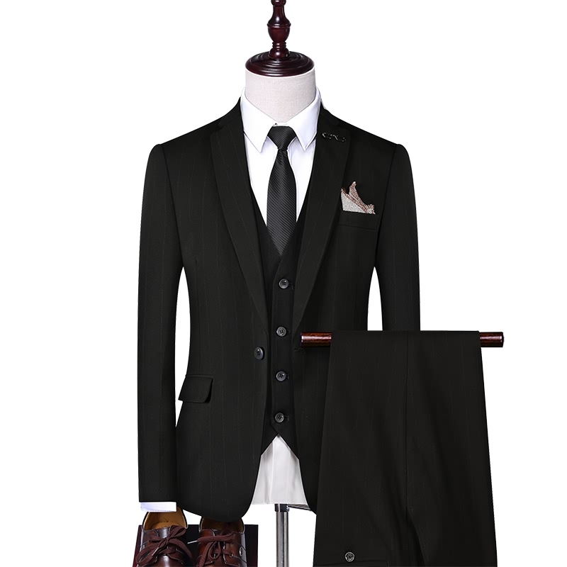 

2020 new mens striped suit 3 piece set (jacket + pants + vest) business wedding party Blazer coat and pants and vests 4xl, Black