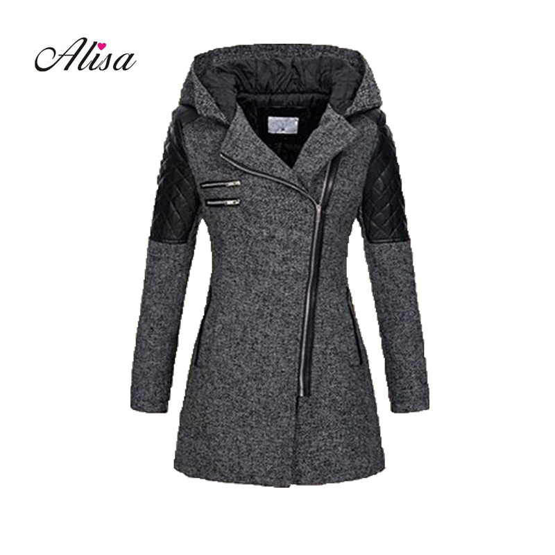 

Casaco Plus Size 5xl Women Grey Wool Coat 2018 New Winter Long Sleeve Hooded Slim Woolen Overcoat Female Patchwor Keep Warm Coat