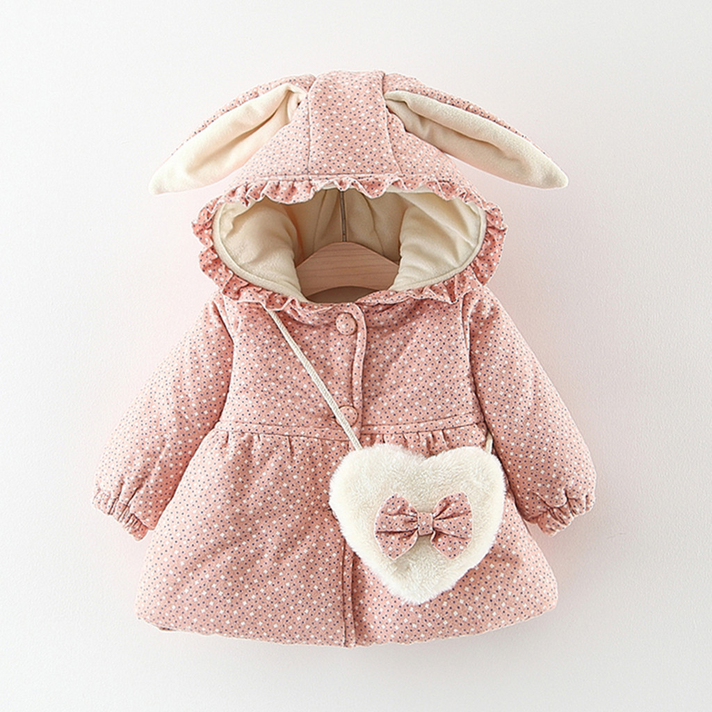 

Toddler Kids Baby Girls Polka Dot Printing Ruched Dor Rabbit Ear Thick Warm Coat Outwear Bag, Pink