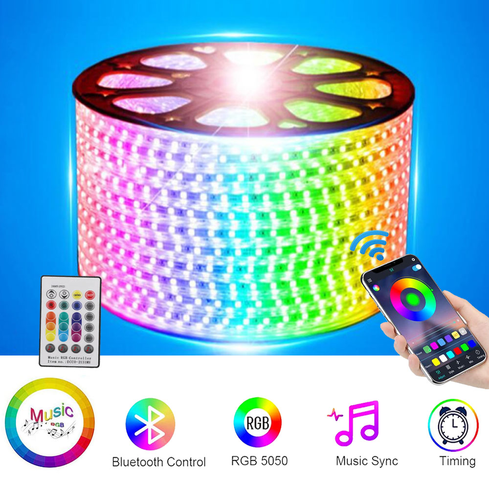 

LED Strip Lights, Bluetooth Control RGB 110/220V SMD 5050 60 LEDs/m Waterproof Rope Light Strips, Work with iOS & Android Music Time System
