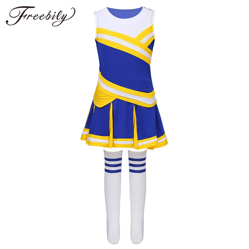 

Kids School Girls Cheerleading Uniform Sleeveless Tops with Pleated Skirt Socks Outfit Stage Performance Jazz Dance Costume
