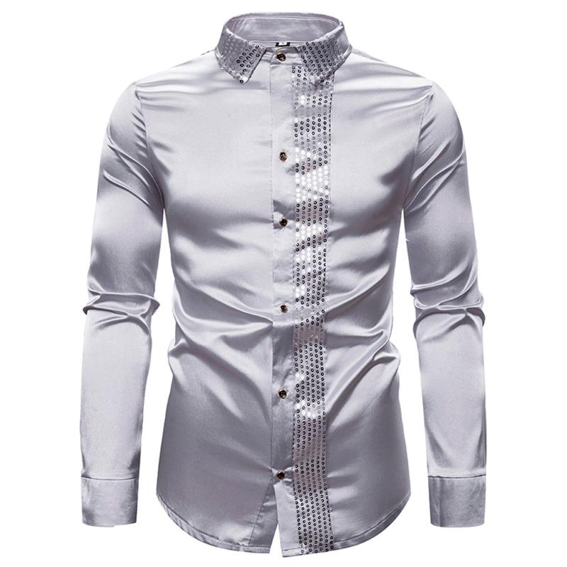 

Spring Men Nightclub Show Hosting Shirt Lapel Collar Sequined Long Sleeve Shirt Turn-down Collar Solid Color Tuxedo Shirts, Silver