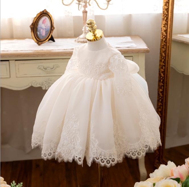 

New 2020 Baby Girls Dress Elegant Girls Flower-lace Banquet Dress Baby Children Birthday party Dresses with Ribbon, Beige