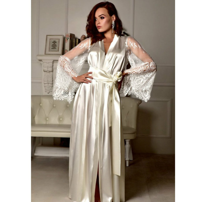 Womens Appealing Pajamas Coat Lace Long Sleeve Sexy Silk Satin Deep V-neck Waist Belt Sleepwear Nightwear Long coat