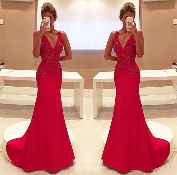 

Red Mermaid Evening Dresses Sexy V Neck Appliques Long Party Prom Gowns Celerity Formal Wear Bridal Reception Dresses, Royal blue