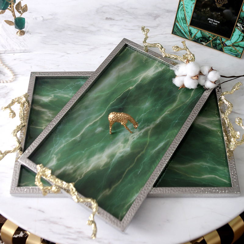 

Creative Rectangular Green Agate Stone Texture Tray Decor Ornament Living Room Marble Table Storage Trays Serving Tray