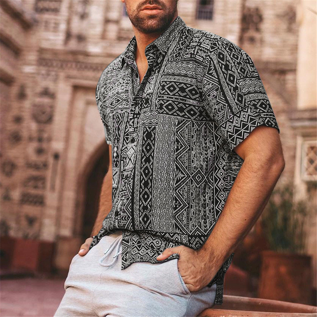 

Men's Casual Shirts Mens Streetwear Vintage Ethnic Style Printing Hawaiian Retro Patchwork Loose Short Sleeve Stand Collar Shirt Plus, Black