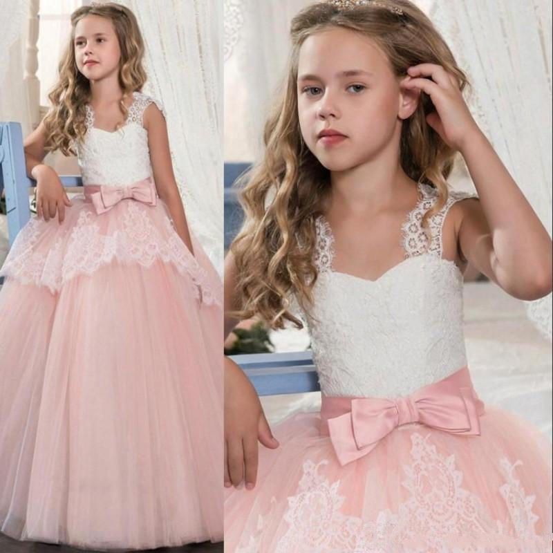 

2020 Blush Pink Princess White Lace Pink Flower Girl Dresses Lovely Ball Gown Party Wedding Girls Dresses with Bow Sash MC1791, Lanvender