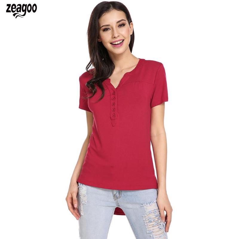 

New Women Casual Summer T Shirts V-Neck Short Sleeve Solid Side Split Asymmetrical Hem Pleated Button Elastic T-Shirt, Black