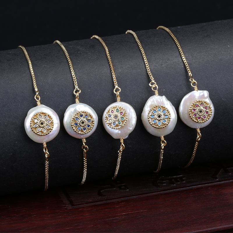 

tiny cz crystal beads paved gold flower charm natural freshwater pearl connector dainty link bracelets for woman jewelry gift
