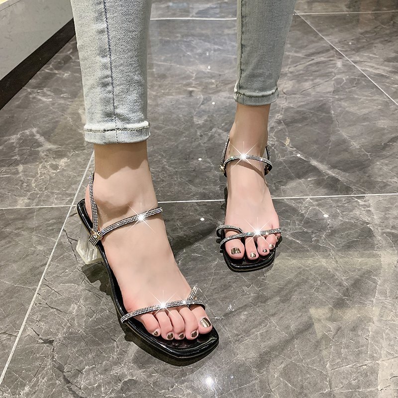 

Transparent Heel Clip Toe Sandals Women Shoes Summer Crystal Narrow Band Thick Heel Sandals Women Clear Square Heels 2020, Black