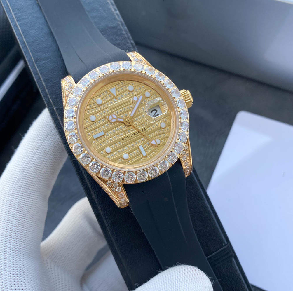 

Classic fashion man 42mm Full Star dial diamond rubber strap folding buckle automatic mechanical fashion waterproof men's watch, Camel
