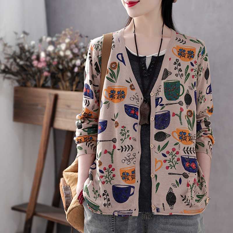

Spring cups floral printed sweater women casual tops sweater V neck cardigans, No.2