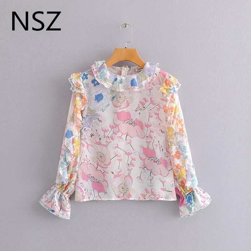 

NSZ women floral printed blouse laminated ruffles flare sleeve fashion chiffon shirt ladies top, Pink