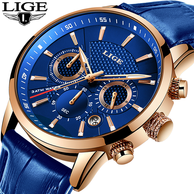 

LIGE New Men Watch Top Brand Blue Leather Chronograph Waterproof Sport Automatic Date Quartz Watches For Mens Relogio Masculino LY191226, Gold blue
