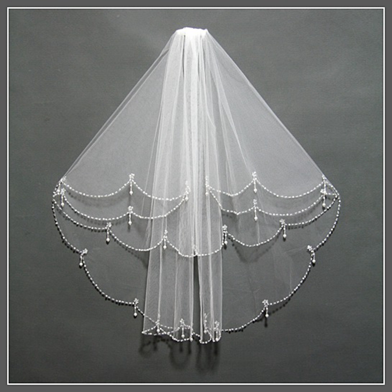 

White or Ivory Short Wedding Veil with Crystal Edge Pearls with Comb 2T Beaded Bride Bridal Veils