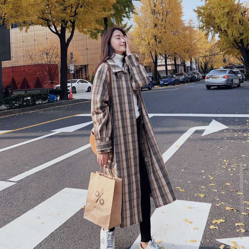 

2020 Winter Coat Women Elegant Wool Coat Lapel Long Sleeve Thick Warm Long Woolen Overcoat Winter Thicken Fashion Overcoat N24, Lattice