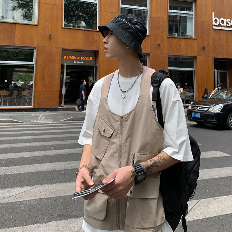 

2020 New Summer Korean Couple Harajuku Loose Casual Japanese Solid Color Original Retro Street Vest, Khaki