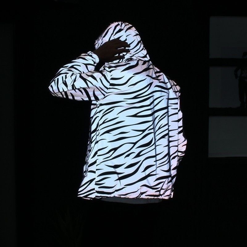 

Women reflective Jacket Hooded Windbreaker Coat waterproof Women hip hop Zebra Stripe Streetwear skateboard Night shining Jacket, Gray