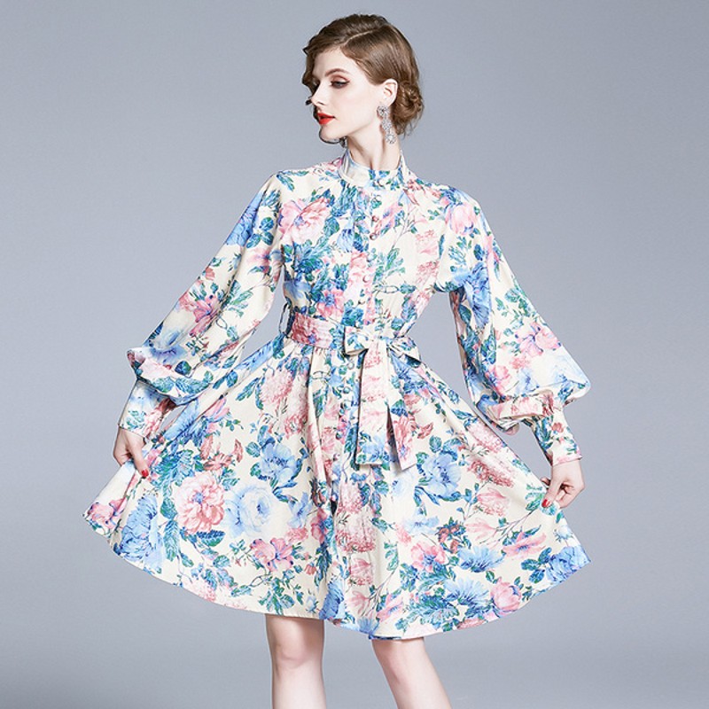 

New High quality 2020 summer Women lantern Sleeve Single-Breasted Stand Collar Flower Print sashes Vintage Midi Dress, Picture color