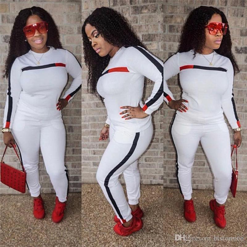 

Designer 2Pcs Fashion Spring Womens Suits Striped Panelled Long Sleeve Womens Tracksuits Simple Style Casual Feamle Clothes, White
