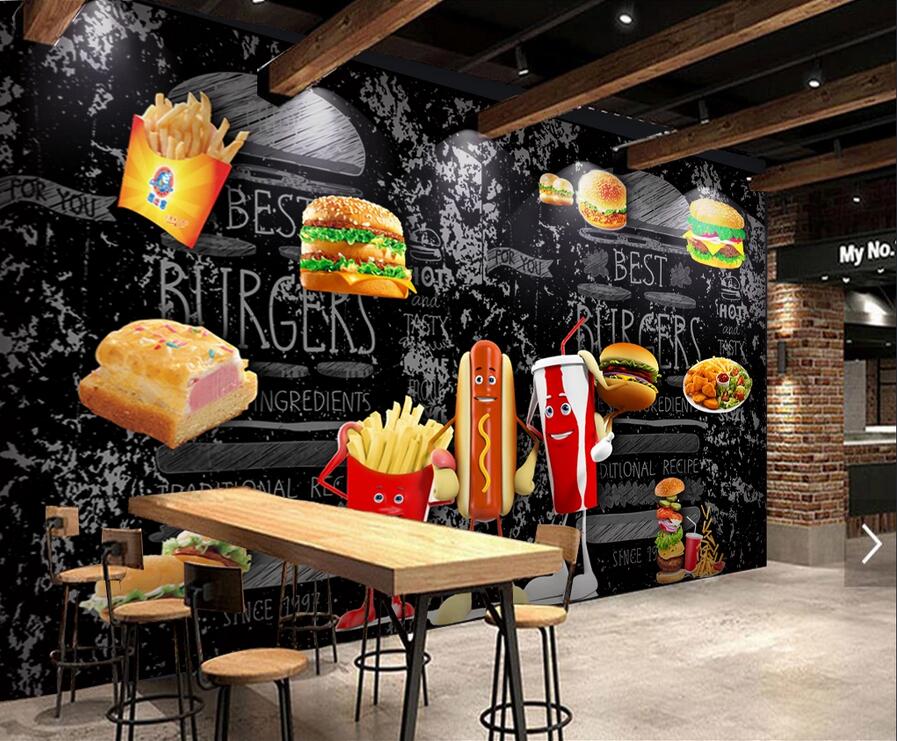 

3d wallpaper custom photo Bread Burger Restaurant Tooling on Black Background living room home decor 3d wall murals wallpaper for walls 3 d, Non-woven