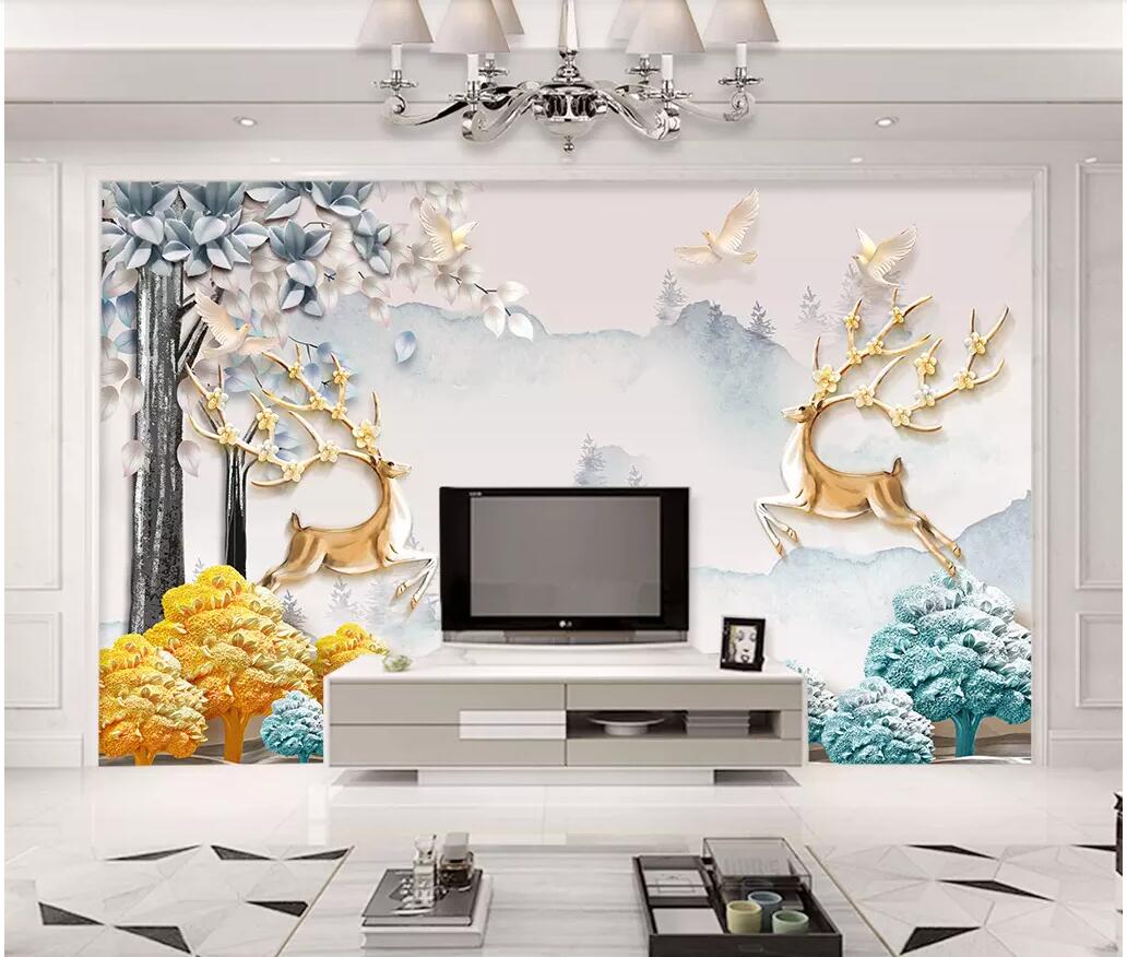 

WDBH 3d wallpaper custom photo mural European minimalist relief elk tree living room Home decor 3d wall murals wallpaper for walls 3 d, Non-woven