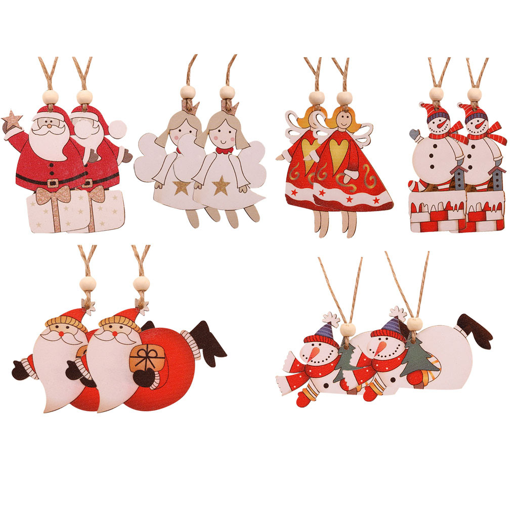 

2pcs/set Wooden Painted Christmas Ornaments Wood Crafts Santa Claus Snowman Angel Hanging Pendant Christmas Decorations Dolls