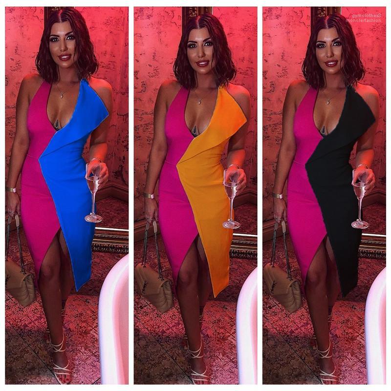 

Women Bodycon Dress Deep V-neck Halter Colors Patchwork Contrast Casual Tank Dresses
