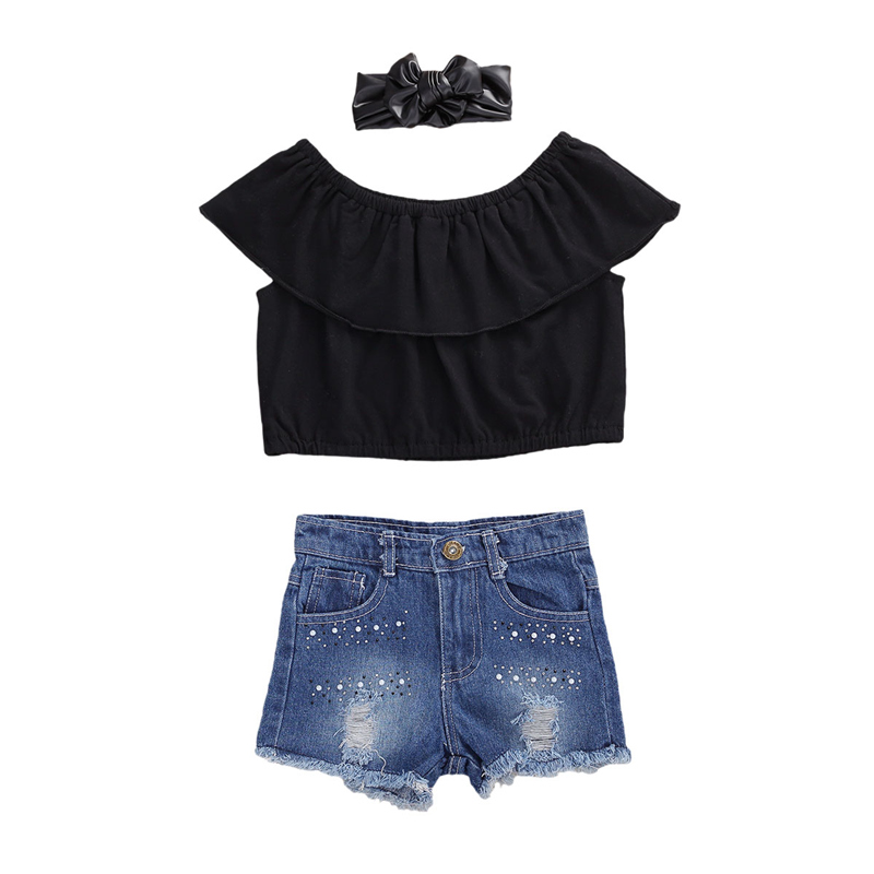 

Fashion 2-7Y Toddler Kid Baby Girl Summer black Ruffle Tops Shirt Denim Short Pants Outfit Set Clothes 2pcs Children Clothing, As pic