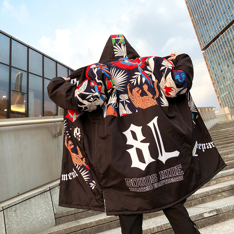 

Zollrfea 2019 New Fashion Hip Hop Jackets Graffiti Printed Hooded Men Parkas Winter Padded Long Coat Thicken Mens Parka Jackets, As pic