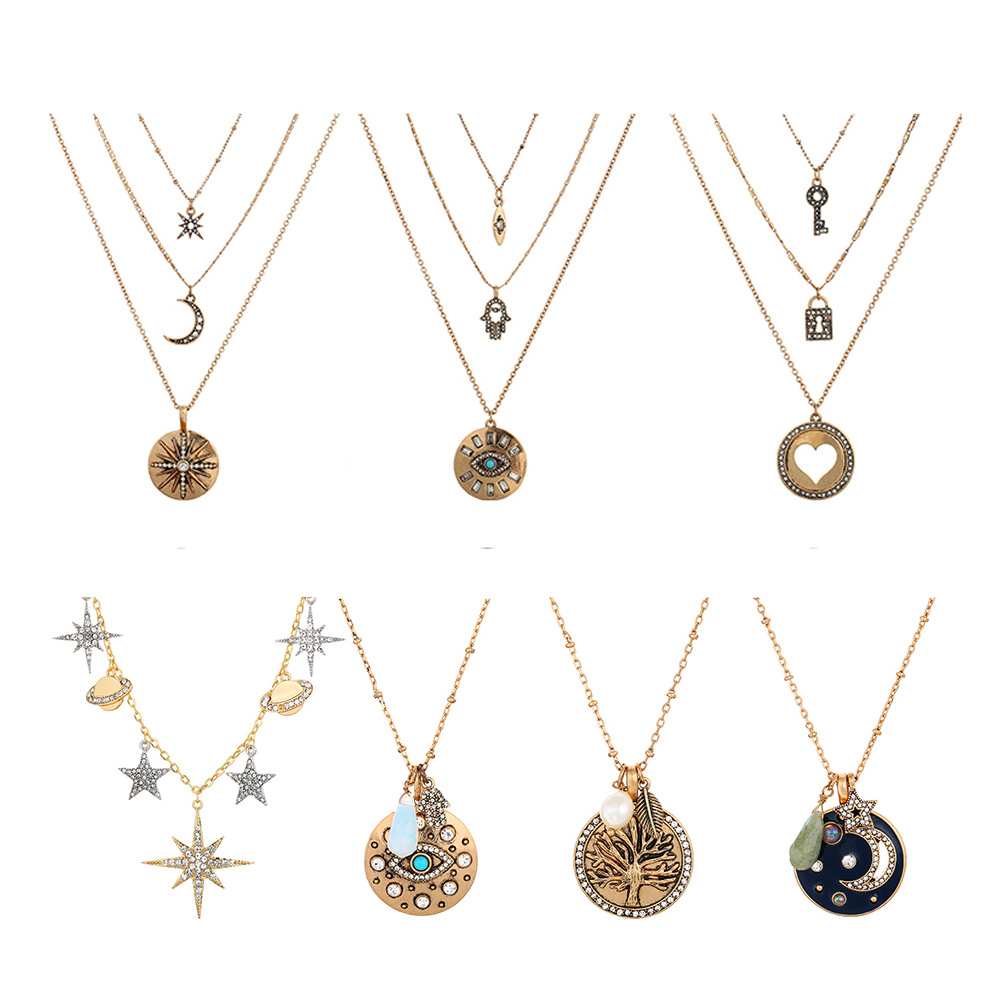 

Vintage long sweater chain necklace for women round coin life tree moon eye pendant necklace wholesale