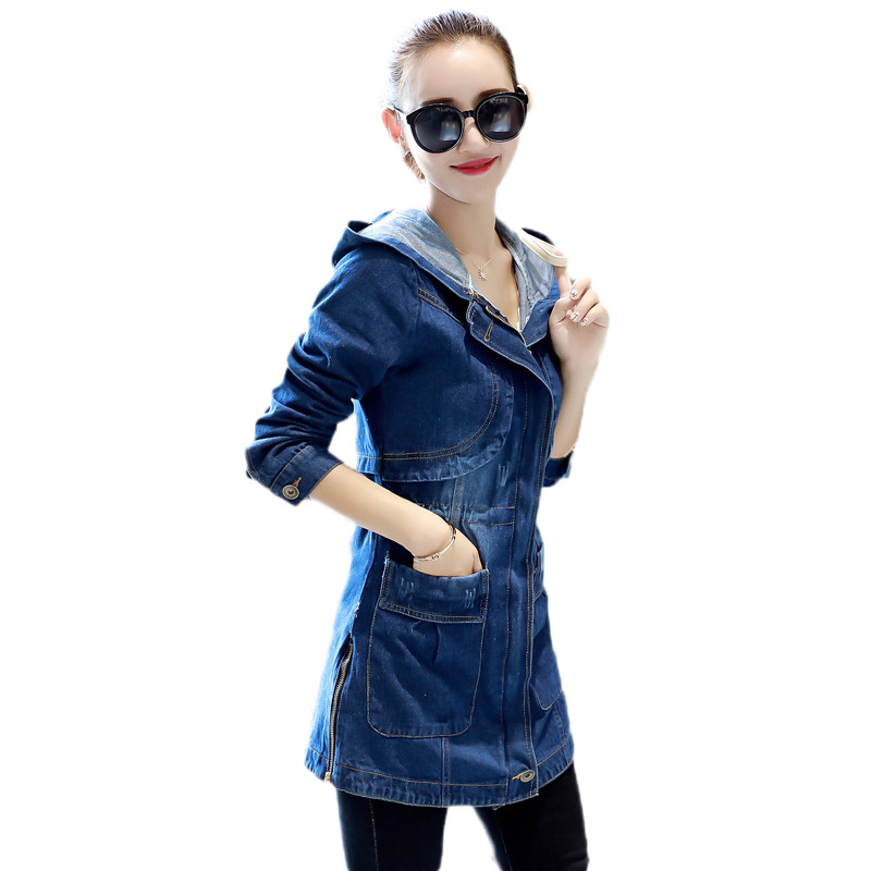 

Denim Trench coat Women Medium Long Outerwear 2019 Spring Autumn New Hooded Coat Loose Large Size S-5Xl Women Trench JIA170, Denim blue