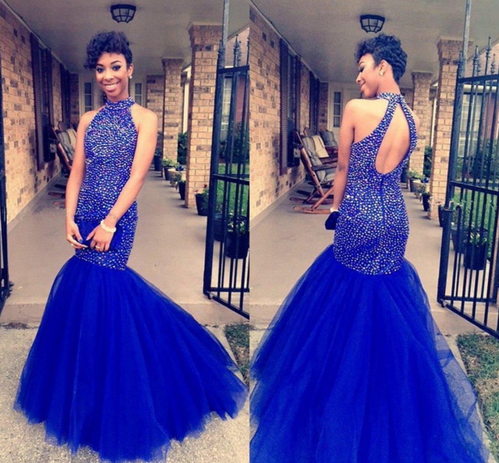

Luxurious Crystal Bodice Royal Blue 2022 Pageant Prom Dresses Halter Keyhole Back Mermaid Tulle Long Evening Formal Gown Dress, Water melon