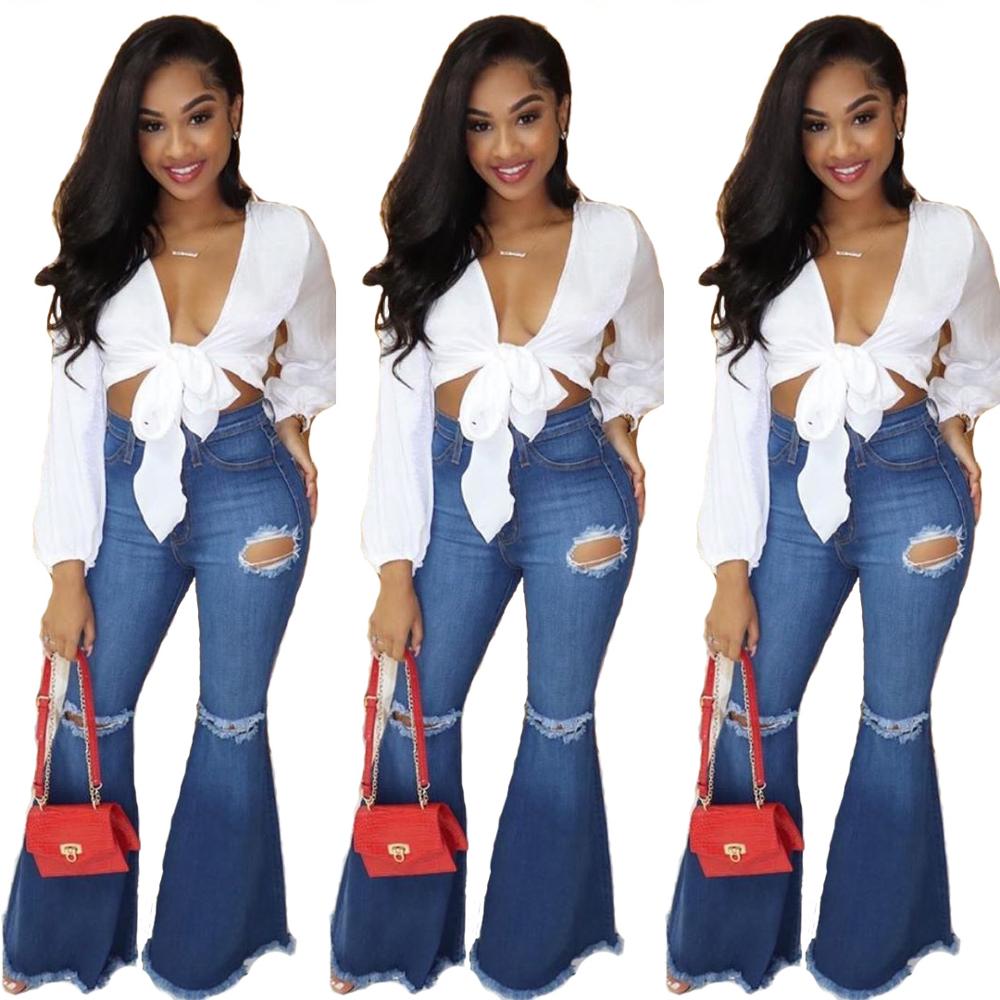

Hot Styles Fashion Women Holes Blue Jeans Ripped Washed Bleached Flare Jeans High Waist Bell Bottom Casual Pants Lady Autumn