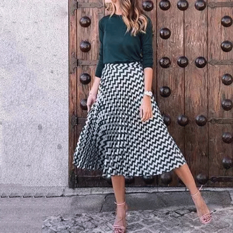 

wave print skirt women streetwear pleated skirt bottom women midi skirt, Black